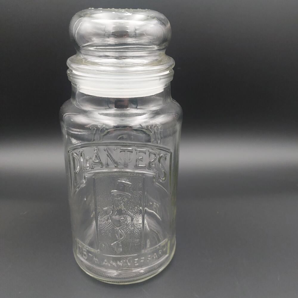 1981 Planters Peanut 75th Anniversary Jar w- Lid, Mr Peanut Collectible Canister
